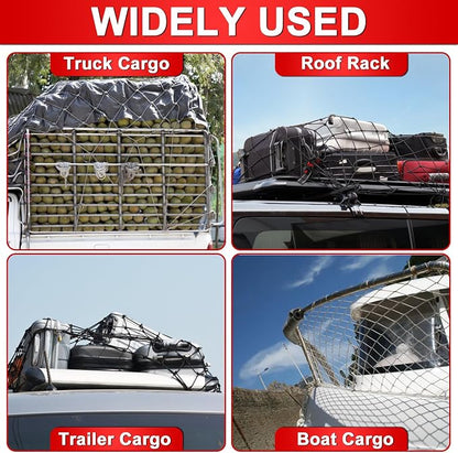 3’x4’ Truck Cargo Net Stretches to 6' x 7' with 4"x4" Mesh Grid Super Duty Bungee Heavy Duty Bed Netting for Truck Bed Stretches with 12 Adjustable Metal Carabiners by Cenipar
