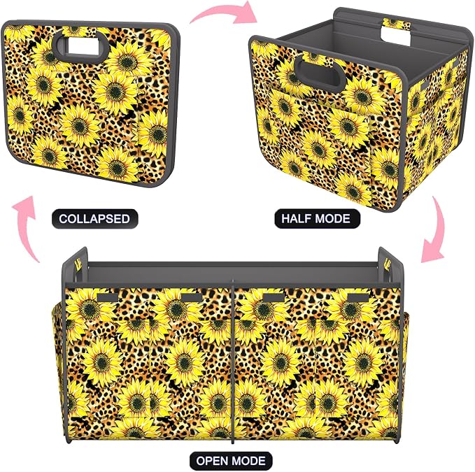 Homeve Car Trunk Organizer for SUV, 18.5Gal Large Capacity No-Sag Heavy Duty, Foldable Waterproof Anti-Slip Storage with 12 Pockets, Fit Sedan, Truck, Universal Car Accessories,Sunflower Leopard Print