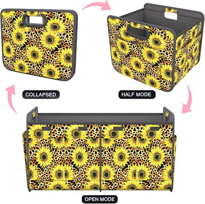 Homeve Car Trunk Organizer for SUV, 18.5Gal Large Capacity No-Sag Heavy Duty, Foldable Waterproof Anti-Slip Storage with 12 Pockets, Fit Sedan, Truck, Universal Car Accessories,Sunflower Leopard Print