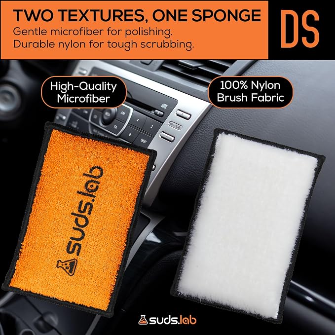 Suds Lab DS Detailing Scrub Sponge – Microfiber Scrub Pad for Car Detailing, Two Textures for Polishing & Scrubbing, Durable & Absorbent, Multi-Surface Use, Washable & Reusable – 6 Pack, Orange