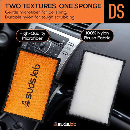 Suds Lab DS Detailing Scrub Sponge – Microfiber Scrub Pad for Car Detailing, Two Textures for Polishing & Scrubbing, Durable & Absorbent, Multi-Surface Use, Washable & Reusable – 6 Pack, Orange