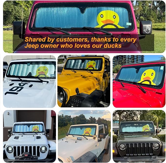 Windshield Sun Shade for Jeep Wrangler JK JKU JL JLU1997-2024,Window Sun Visor for UV Rays & Heat Protection,Duck Windshield Sunshade