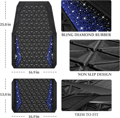 CAR PASS Bling Diamond Car Mats Rubber Floor Mats Full Set Anti-Slip 3D Rhombus Waterproof Trim to Fit Liner Universal Glitter Crystal Sparkly Shining Rhinestone Girl Women SUV Sedan Van, Black Blue