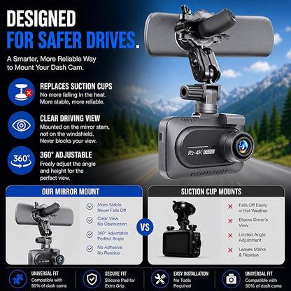 Dash Cam Mirror Mount - Fits Falcon F170HD,Rexing V1, Z-Edge, Old Shark, YI, Amebay,KDLINKS X1,VANTRUE and Most Other Dash Cameras