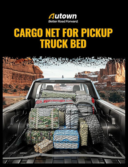 AUTOWN Cargo Net for Pickup Truck Bed - Stretchable 4'x4' to 7'x7', High Elastic Fine Mesh 1''x1'' with 8 Metal Carabiners - Ideal for ATV, SUV, UTV, Truck and Boat Use (Single Layer)