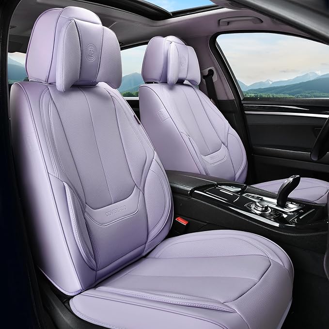 Coverado Universal Seat Covers Front, Universal Seat Covers for Cars, 2-Pack Waterproof Nappa Leather Car Seat Covers with Head Pillow, Auto Protectors Fit for Most Sedans SUV Pick-up Truck-Purple