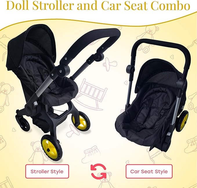 Baby Doll Car Seat Stroller Combo – Convertible 2 in 1 Doll Stroller and Car Seat for Kids – Fits Up to 20” Dolls – Play Toy Baby Stroller with Adjustable Handle for Girls Toddlers All Ages (Black)