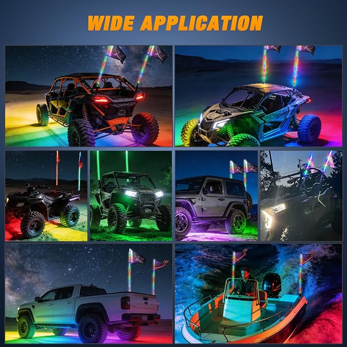 Nilight 2PCS 4FT RGB LED Whip Light with Spring Base and 4 PCS Rock Lights Combo, Remote App Control w/DIY Chasing Patterns Turn Signal Brake Reverse Antenna Lighted Whips for ATV UTV Polaris RZR Jeep