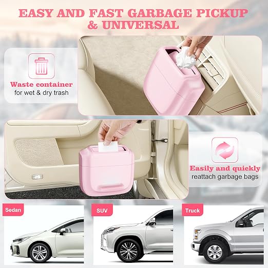 Car Trash Can with Lid, Built-in Storage Garbage Bag, Leakproof Vehicle Trash, Car Accessories for Interior, Mini Garbage Bin for Automotive, Office, Kitchen, Bedroom, with 30pcs Trash Bags,2Pcs