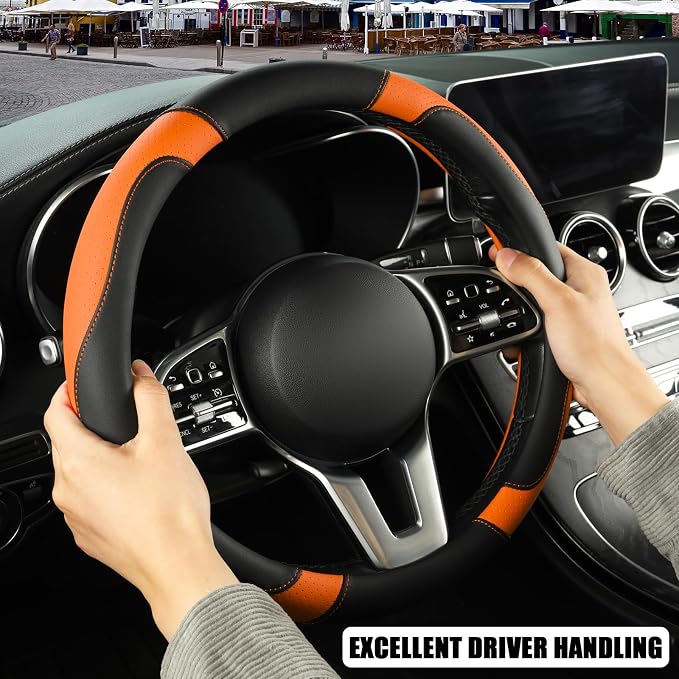 Microfiber Leather Steering Wheel Cover, Breathable, Anti Slip, 13.5 inch to 14 inch, Black with Orange