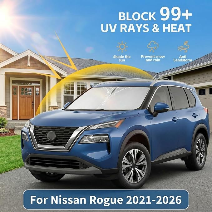Windshield Sun Shade for Nissan Rogue 2021-2025 2026 Sunshade Front Window Shade Custom Fit Rogue Accessories Sun Visor Foldable Shade Blocks UV Rays Accessories