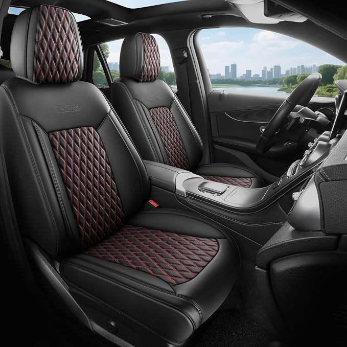 Front Automotive Seat Covers Set of 2,Universal Precision Fit Contoured Thick Nappa Leather Automotive Seat Covers & Accessories Waterproof Car Seat Covers SUV Truck,Style1 Black Red Line