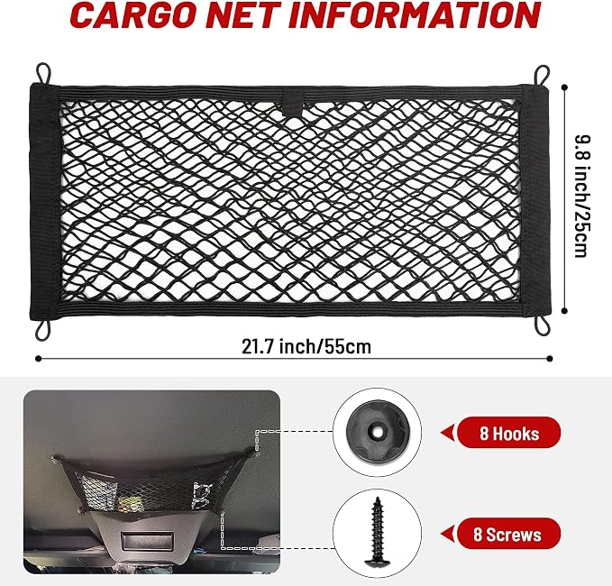 RED WOLF Universal Cargo Net Pocket Elastic Netting Car Mesh Pouch for Trunk RV Boats Home Cargo Storage with Screws and Hooks (21.7'' x 9.8'')