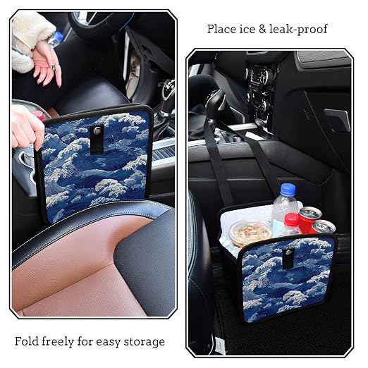 Car Trash Can Organizer Bin with Adjustable Strap for Back Front Seat Console Waterproof Leakproof Collapsible Portable 8.66 Inch Blue Ocean Waves