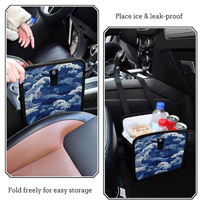 Car Trash Can Organizer Bin with Adjustable Strap for Back Front Seat Console Waterproof Leakproof Collapsible Portable 8.66 Inch Blue Ocean Waves