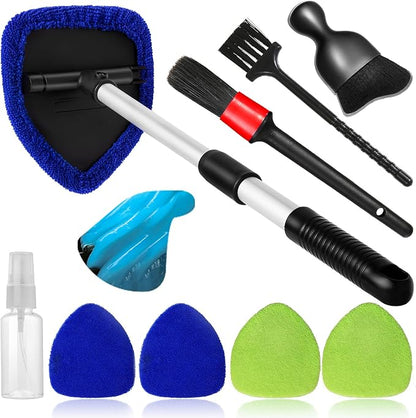 Qydipclin 10pcs Windshield Cleaner Tool, Car Window Cleaning Wash Kit with 4 Reusable Microfiber Pads 1 Spray Bottle and Extendable Handle Auto Glass Wiper Kit, Blue&Green