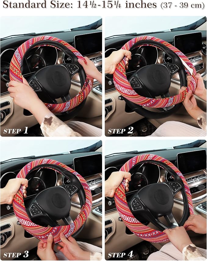 SEG Direct Boho Steering Wheel Cover with Baja Blanket Cloth, Ethnic Style Auto Wheel Cover Made of Coarse Flax, Fits 14 1/2-15 1/4 inches Car Wheel