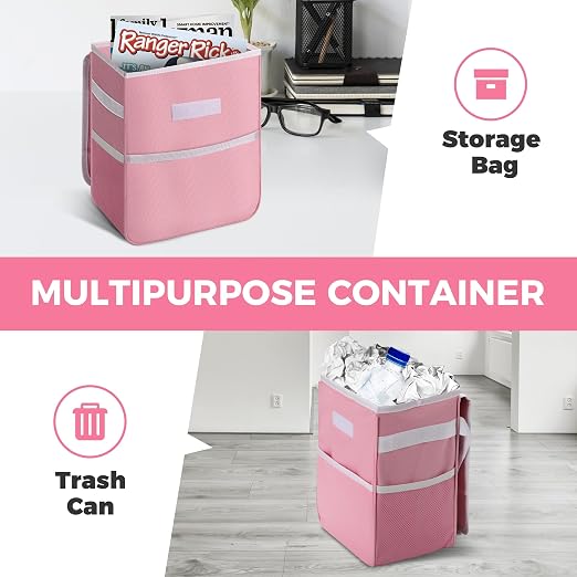Healsmart 2 Gallon Car Trash Can Lid and Storage Pockets, Leak-Proof Collapsible and Portable Organizer, Multipurpose Garbage Bin with Adjustable Straps, Pink