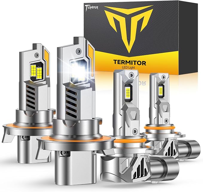 Termitor Latest H13/9008 H10 LED Bulbs Combo, 80,000LM 15X Ultra-Bright 6500K Cool White, Ford F-150 2004-2014, Real 1:1 Size 9008/H13 H10/9145/9140 LED Headlight Eyebrows, Plug N Play, Pack of 4