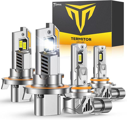 Termitor Latest H13/9008 H10 LED Bulbs Combo, 80,000LM 15X Ultra-Bright 6500K Cool White, Ford F-150 2004-2014, Real 1:1 Size 9008/H13 H10/9145/9140 LED Headlight Eyebrows, Plug N Play, Pack of 4