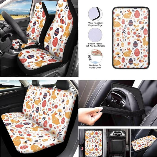 13 Set Easter Egg Rabbit Car Seat Cover Full Set, Ditsy Flower Bunny Breathable Decor, Easter Day Floral Seat Belt Pads Universal Car Seat Cover Steering Wheel Cover