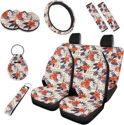 10 Pcs Hawaii Hibiscus Flower Car Seat Covers, Island Hibiscus Flowers Car Accessories Steering Wheel Cover, Tribal Ethnic Floral Seat Belt Cover for Automotive