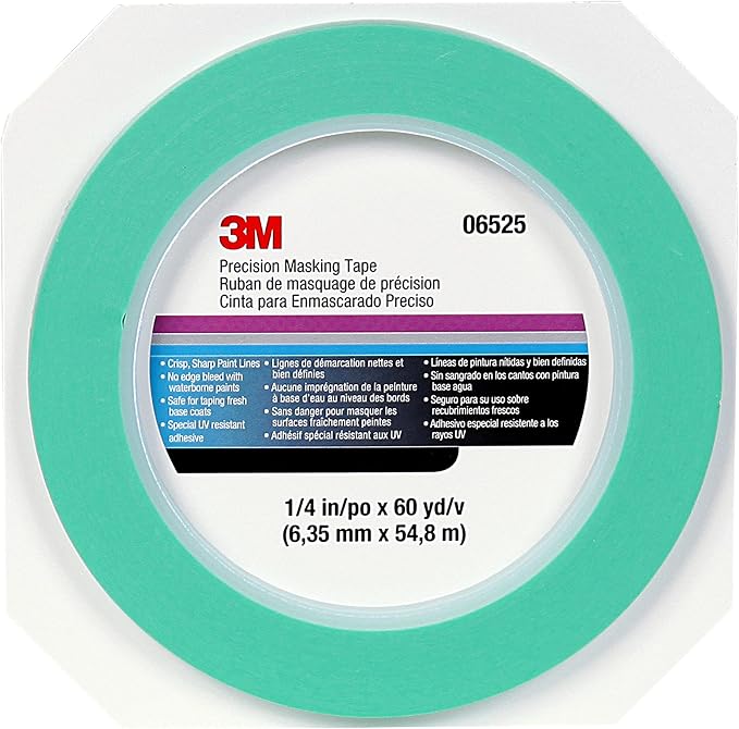 3M Precision Masking tape, 06525, 1/4" x 60 yds, Crisp, Sharp Lines for Automotive Paint Masking, 1 Roll