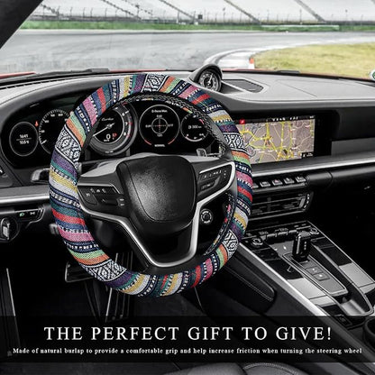 Boho Car Steering Wheel Cover, Ethnic Style Anti-Slip Coarse Flax Cloth Auto Wheel Cover, Bohemian Steering Wheel Protector for Most SUVs Vans Trucks, Car Accessories (Style B)