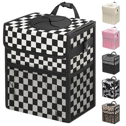 Capolo Car Trash Can with Lid, Leakproof Car Trash Bag Hanging Waterproof Automotive Garbage Can with Storage Pockets Mini Vehicle Trash Bin for Back/Front Seat(Black Checkerboard,2.5 Gallon)