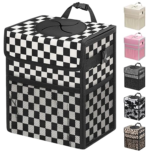 Capolo Car Trash Can with Lid, Leakproof Car Trash Bag Hanging Waterproof Automotive Garbage Can with Storage Pockets Mini Vehicle Trash Bin for Back/Front Seat(Black Checkerboard,3 Gallon)