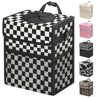 Capolo Car Trash Can with Lid, Leakproof Car Trash Bag Hanging Waterproof Automotive Garbage Can with Storage Pockets Mini Vehicle Trash Bin for Back/Front Seat(Black Checkerboard,3 Gallon)