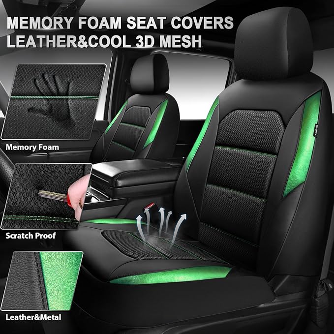 CAR PASS Memory 3D Foam Car Seat Covers Full Set, Breathable Mesh Thick Seat Covers for Car,Green Metal Film Leather Seat Covers, Universal Automotive Comfort for SUVs Trucks, Black Green
