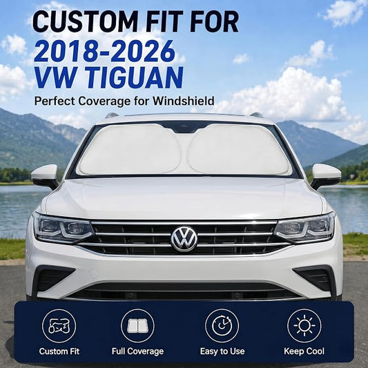 Custom Fit Windshield Sun Shade for Volkswagen VW Tiguan 2018-2026 | Custom Fit Windshield Cover, Blocks UV Rays, Double-Layer Heat Shield, Durable Frame, Easy Fold & Storage
