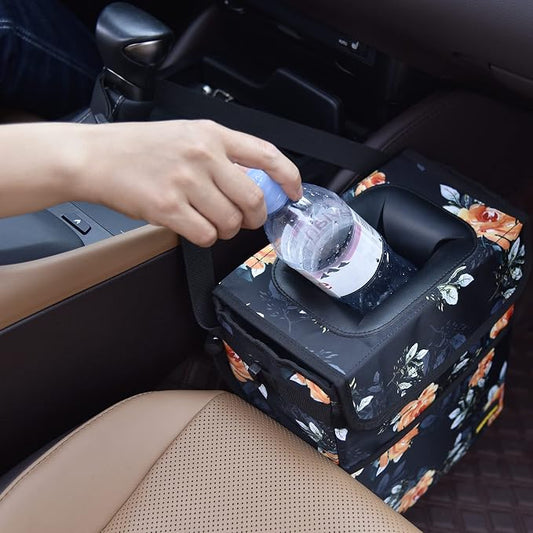 SIBOFUEGO Cute Car Trash Can with Lid – Multipurpose Collapsible Trash Bin for Car, Leak-Proof Organizer, Waterproof Garbage Can with Storage Pockets & Adjustable Straps, 2 Gallons (Flower)