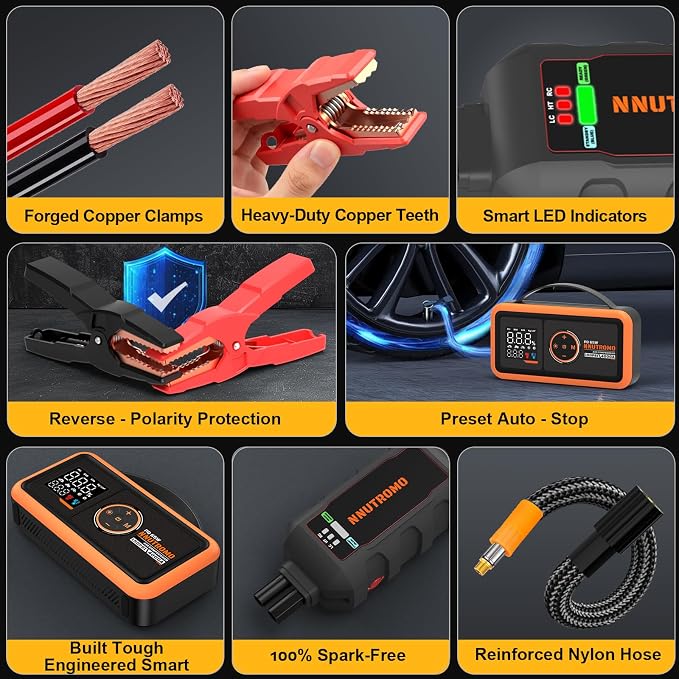 4000A Car Battery Jump Starter with 160PSI Air Compressor & 65W Fast Charger, 24,000mAh 88.8Wh Portable Jump Box (10.0L Gas/10.0L Diesel), 12V Car Battery Booster with Tire Inflator-Vibrant Orange