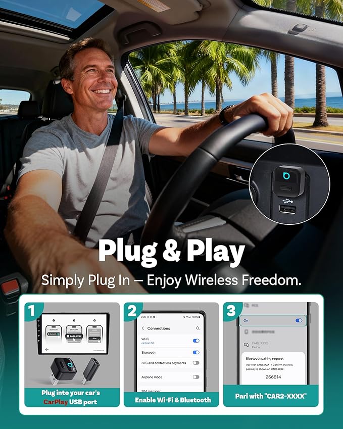 OTTOCAST Mini Pico Wireless CarPlay Adapter, No More Cables, Dual Phone Memory, One-Button Switch, Wi-Fi 6 & Bluetooth 5.4