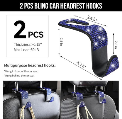 CAR PASS 23 PCS Bling Diamond Car Accessories Set for Women, Leather Seat Covers Full Set Sparkly Rhinestone15'' Steering Wheel Covers Shining Diamond Floor Mats Cute Car Interior Sets,Blue