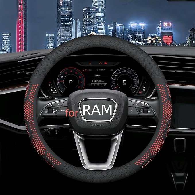Yangday Leather Steering Wheel Cover for Dodge Ram 1500 2500 3500, 15.5-16 inches Car Steering Wheel Cover with Non-Slip Breathable (Red)