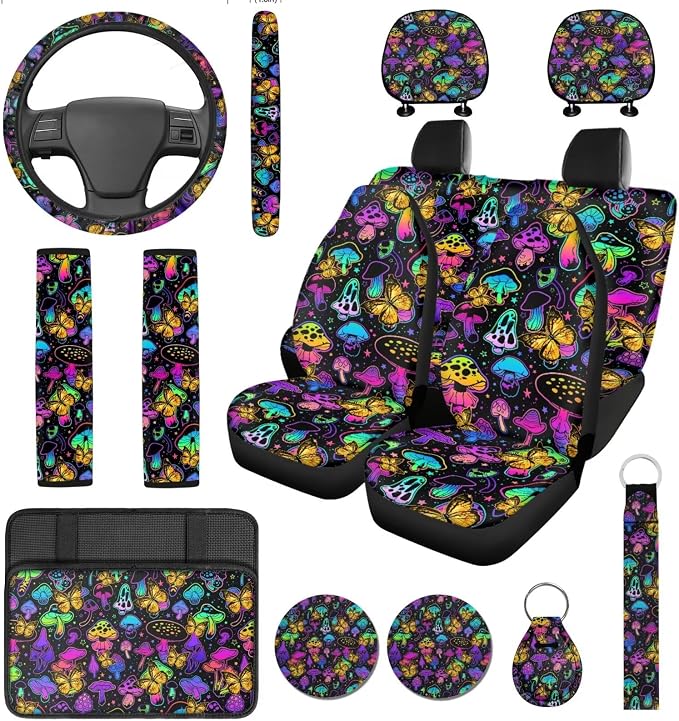 14 Pcs Mushroom Car Seat Covers Full Set with Auto Steering Wheel Cover Armrest Cushion Protector Seat Belt Covers,Rianbow Mushroom Auto Accessories,Universal Fit Cars SUV Trucks