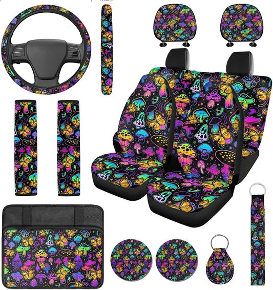14 Pcs Mushroom Car Seat Covers Full Set with Auto Steering Wheel Cover Armrest Cushion Protector Seat Belt Covers,Rianbow Mushroom Auto Accessories,Universal Fit Cars SUV Trucks