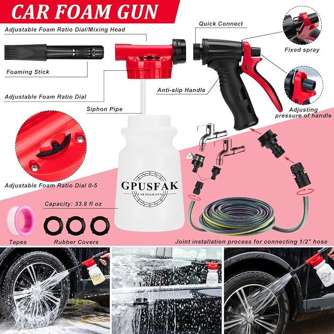 26Pcs Car Wash Cleaning Kit with Foam Gun Sprayer Detailing Brushes Window Water Scraper Tire Brush Towels Complete Interior Exterior Detailing Set for Car