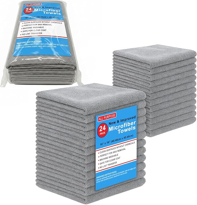 Blue Horizon Microfiber Cleaning Towels, Pack of 24, Ultra Soft Plush Washcloth, All Purpose Premium Microfiber Detailing Cleaning Cloths (16" x 16", Gray)