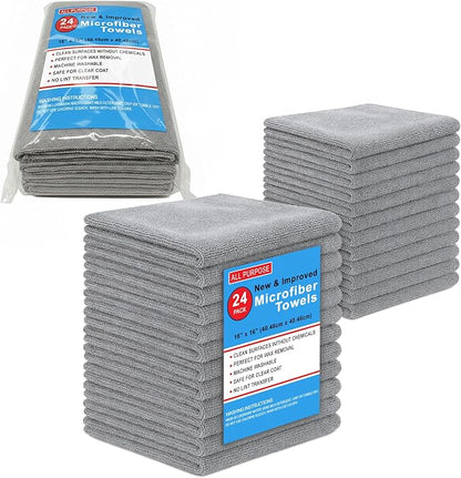 Blue Horizon Microfiber Cleaning Towels, Pack of 24, Ultra Soft Plush Washcloth, All Purpose Premium Microfiber Detailing Cleaning Cloths (16" x 16", Gray)