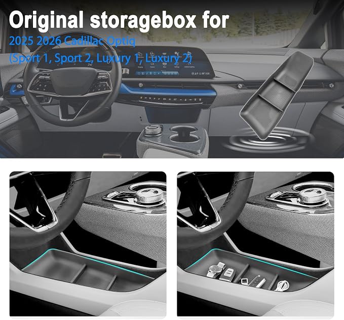 SHAOHAO 2 Pcs for 2025 2026 Cadillac Optiq Under Console Organizer for 2025 2026 Cadillac Optiq Accessories (Sport/Luxury) Lower Organizer & Cup Holder 2026 Optiq Space Expand Buttom Tray Easy Removal
