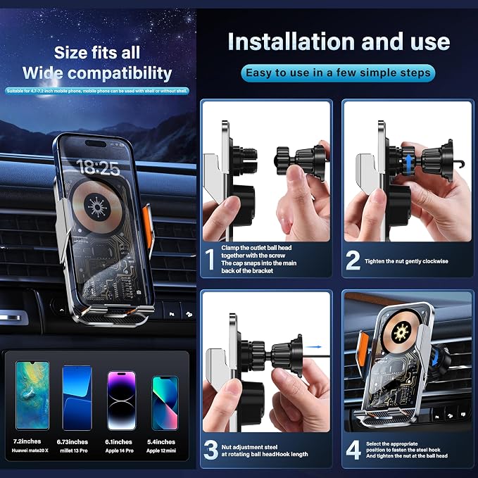 Wireless Car Phone Mount, 15W Fast Charging Car Phone Holder Charger Auto-Clamping 360 Dgrees Rotation Adjustable Air Vent Phone Mount Car Charger with luminous Logo for iPhone 16 15 14 13 S24 S23 S22