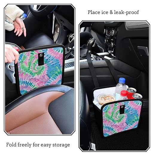 Car Trash Can Organizer Bin with Adjustable Strap for Back Front Seat Console Waterproof Leakproof Collapsible Portable 8.66 Inch Tie Dye Blue Green Pink