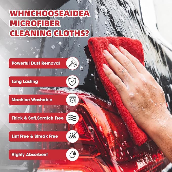 Shimeyao 30 Pcs 12.5 × 12.5 Inch Edgeless Microfiber Plush Towels for Cars Detailing Drying Wash Polishing Absorbent Cleaning Cloths, 500 GSM (Red)