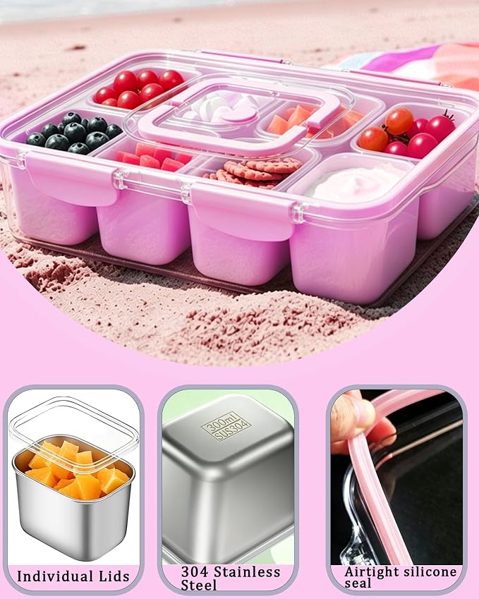 Snackle Box Container, Stainless Steel Divided Serving Tray with Lid and Handle, Large Snack Tray for Fruit Veggie Candy, 8-Compartment Snack Platter for Travel Beach Picnic,with Pink Silicone Sleeve