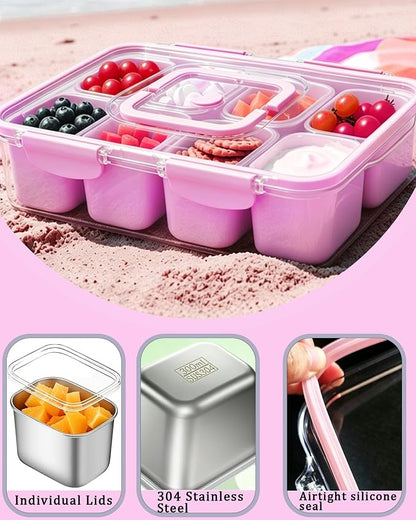 Snackle Box Container, Stainless Steel Divided Serving Tray with Lid and Handle, Large Snack Tray for Fruit Veggie Candy, 8-Compartment Snack Platter for Travel Beach Picnic,with Pink Silicone Sleeve