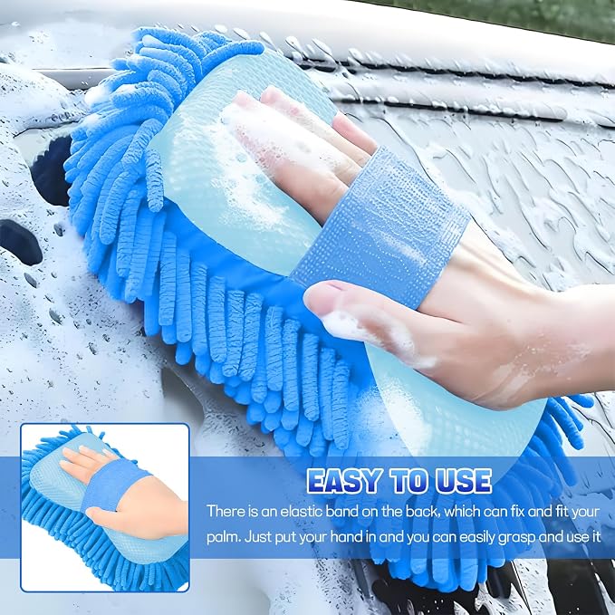 2PCS Microfiber Car Wash Sponge, Double Sided Chenille Microfiber Car Wash Mitt, Scratch Free & Lint Free, Absorbent Automotive Washing Sponges, Auto Cleaning Supplies (Light Blue)